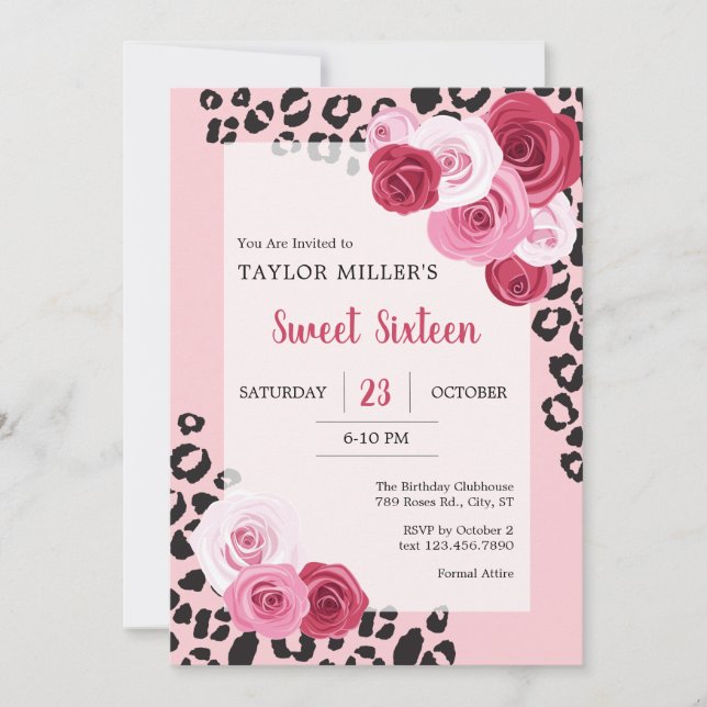 Invitation Sweet sixteen rose et Poster de animal (Devant)