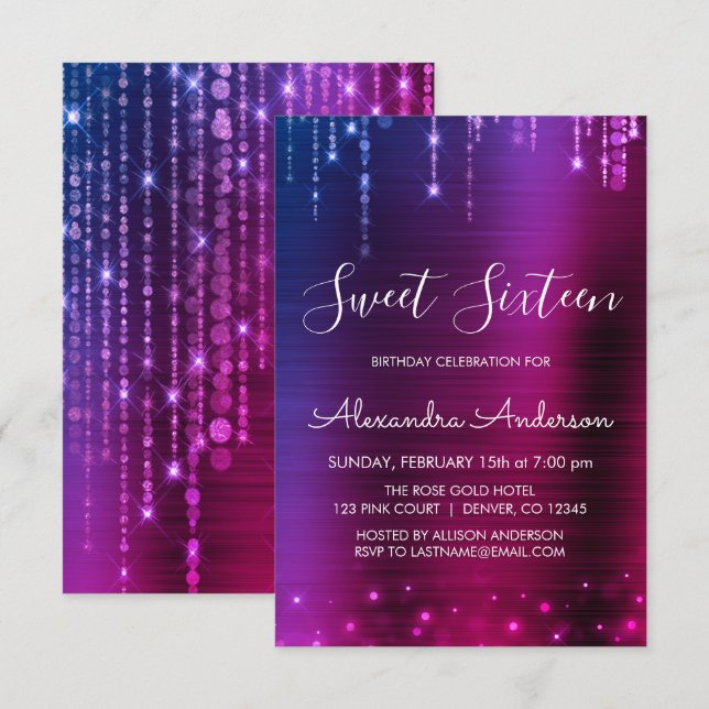 Invitation Sweet sixteen rose et pourpre (Devant / Derrière)