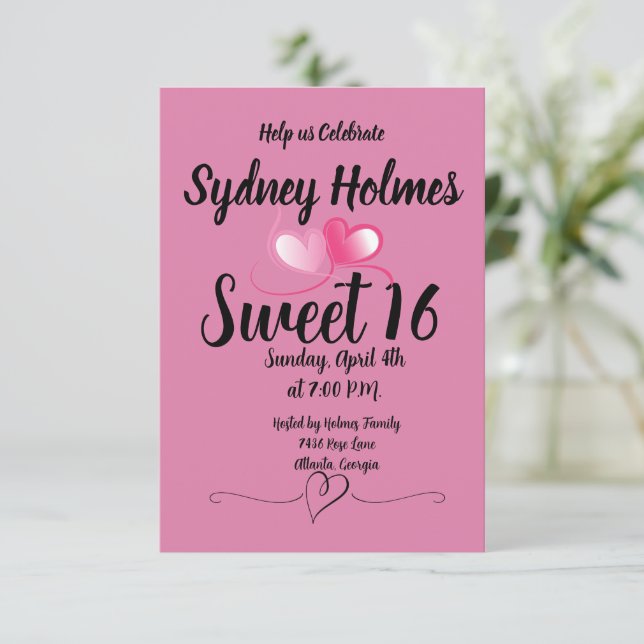 Invitation Sweet sixteen rose Fille Coeurs d'invitation (Debout devant)