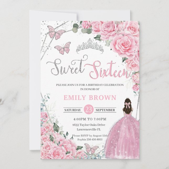 Invitation Sweet sixteen Rose Floral Princesse Argent Anniver (Devant)