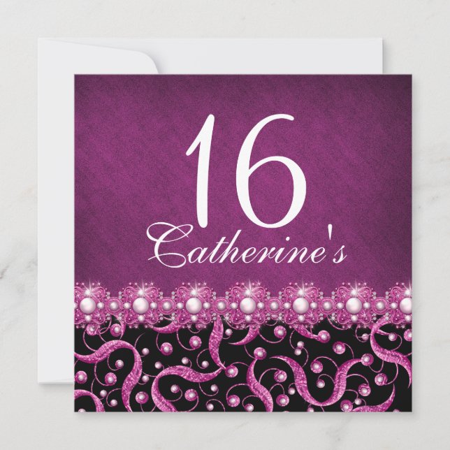 Invitation " sweet sixteen " rose noir célébration tous âges (Devant)