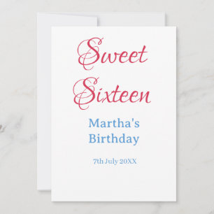 Invitation Sweet Sixteen rose nom date calligraphie boho bleu
