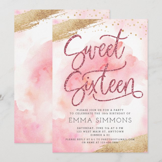 Invitation Sweet sixteen rose Parties scintillant d'aquarelle (Devant / Derrière)
