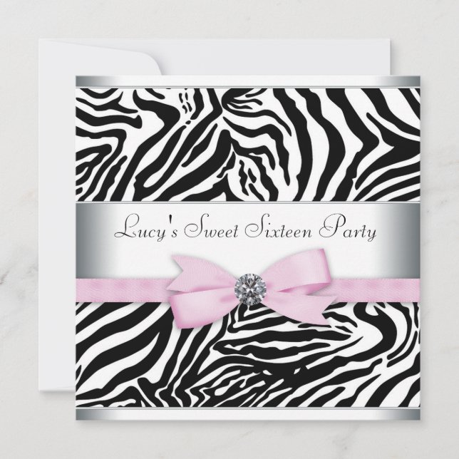 Invitation Sweet sixteen rose Zebra fête d'anniversaire (Devant)