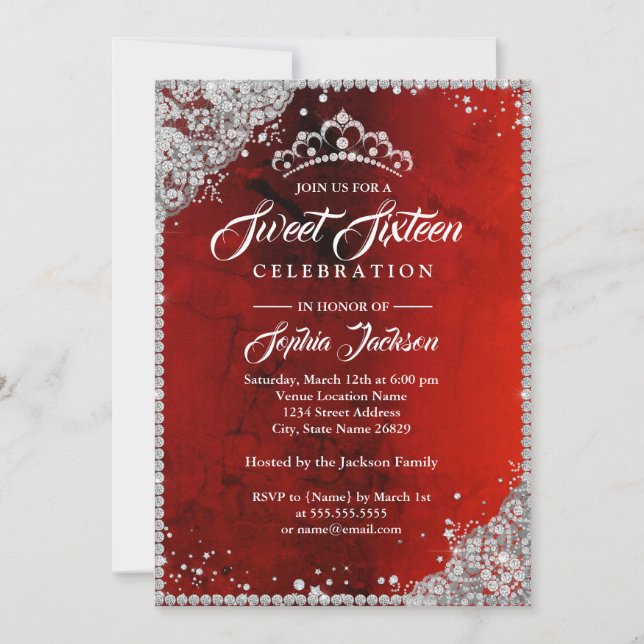 Invitation Sweet sixteen rouge en dentelle de diamant (Devant)