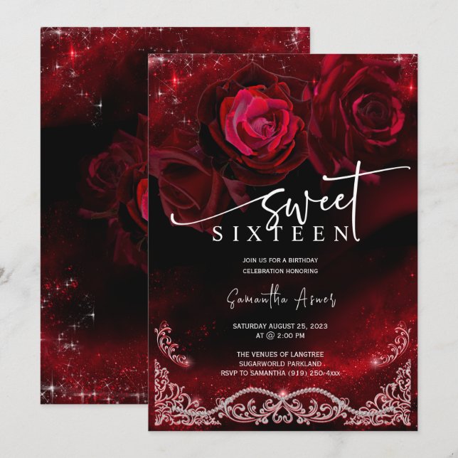 Invitation Sweet sixteen rouge et noir Modèle d'anniversaire (Devant / Derrière)