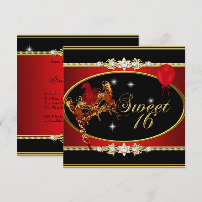 Invitation Sweet sixteen Rouge Or Sweet 16 Masquerade (Devant / Derrière)
