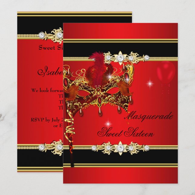 Invitation Sweet sixteen rouge or Sweet 16 Masquerade 2 (Devant / Derrière)