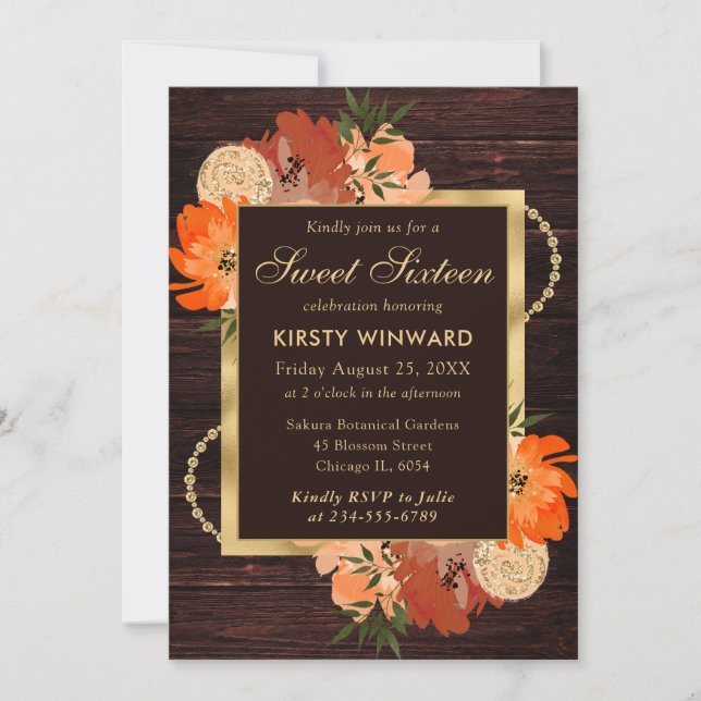 Invitation Sweet sixteen Rustique Burnt Orange Fall Flowers (Devant)