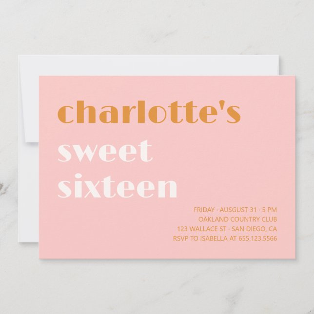 Invitation Sweet sixteen saumon simple typographique gras (Devant)