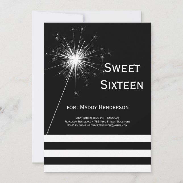 Invitation Sweet sixteen Sparkler noir et blanc (Devant)