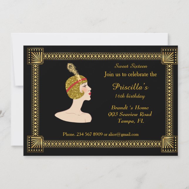 Invitation Sweet sixteen, style Gatsby, noir et or (Devant)