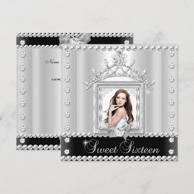 Invitation Sweet sixteen Sweet 16 Anniversaire Noir Blanc (Devant / Derrière)