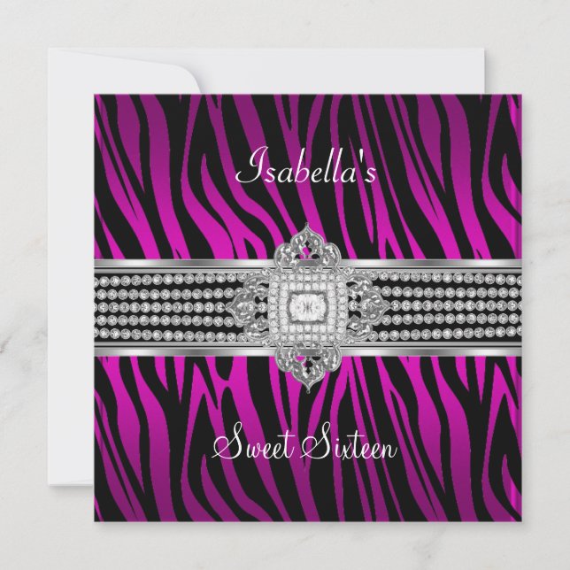 Invitation Sweet sixteen Sweet 16 Anniversaire Zebra Hot Pink (Devant)