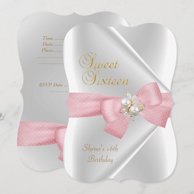 Invitation Sweet sixteen Sweet 16 Bijou perle blanche Bow ros (Devant / Derrière)