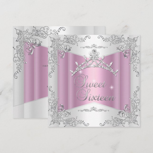 Invitation Sweet sixteen Sweet 16 blanc rose argent Tiara (Devant / Derrière)