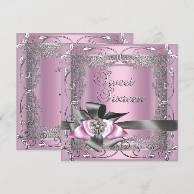 Invitation Sweet sixteen Sweet 16 Bow gris argenté rose clair (Devant / Derrière)