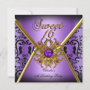 Invitation Sweet sixteen Sweet 16 Damask Purple Gold Black
