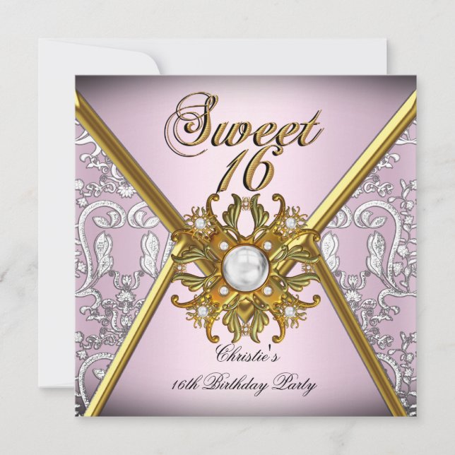 Invitation Sweet sixteen Sweet 16 Damask Rose Or Blanc (Devant)