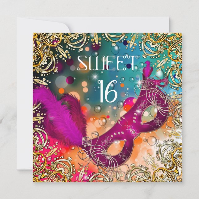 Invitation Sweet sixteen Sweet 16 Masquerade rose Turquoise (Devant)