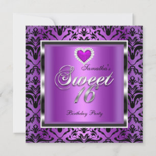 Invitation Sweet sixteen Sweet 16 Partie Purple Damask Noir