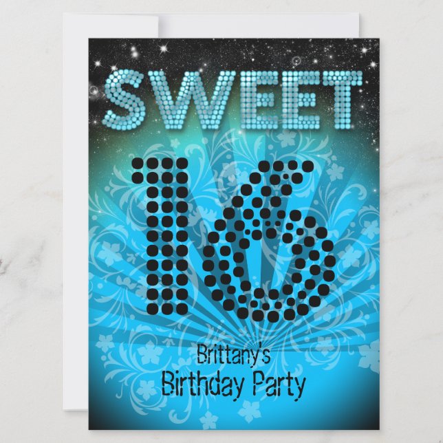 Invitation Sweet sixteen Sweet 16 Party Bleu Turquoise Noir (Devant)
