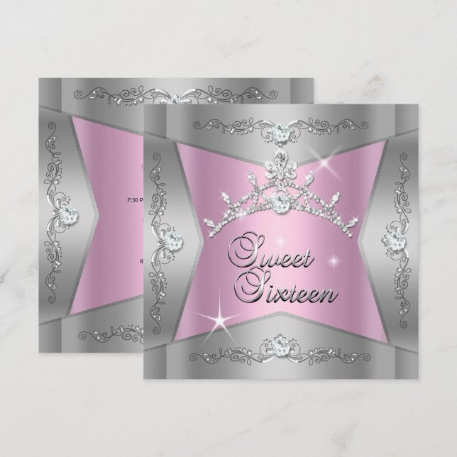 Invitation Sweet sixteen Sweet 16 Pink Silver Tiara (Devant / Derrière)
