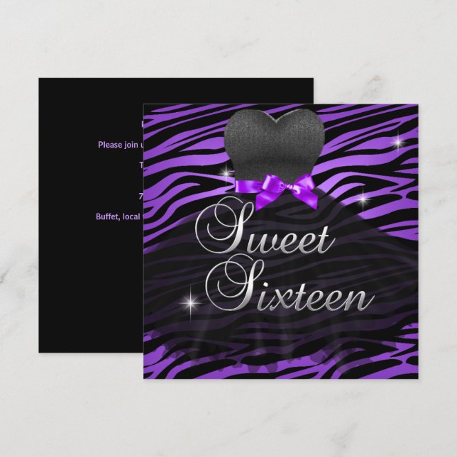 Invitation Sweet sixteen Sweet 16 Robe violet noir Zèbre (Devant / Derrière)