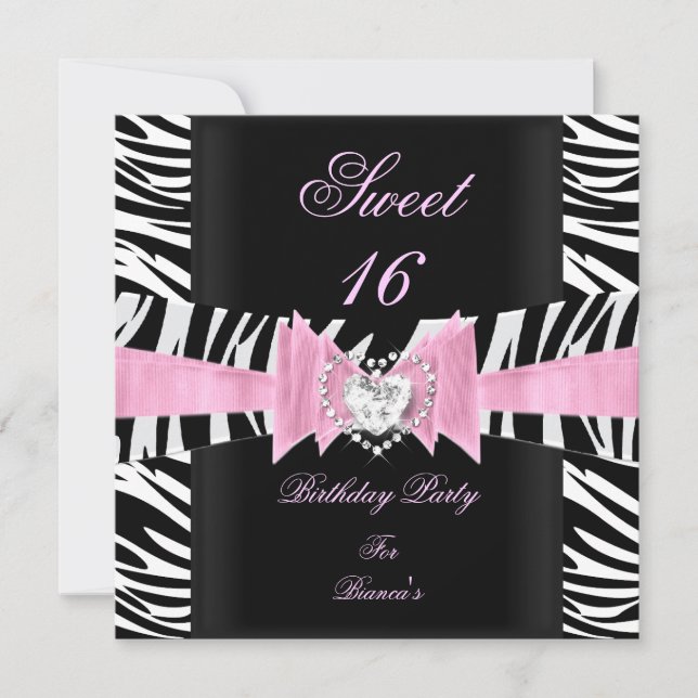 Invitation Sweet sixteen Sweet 16 rose noir blanc Zèbre (Devant)