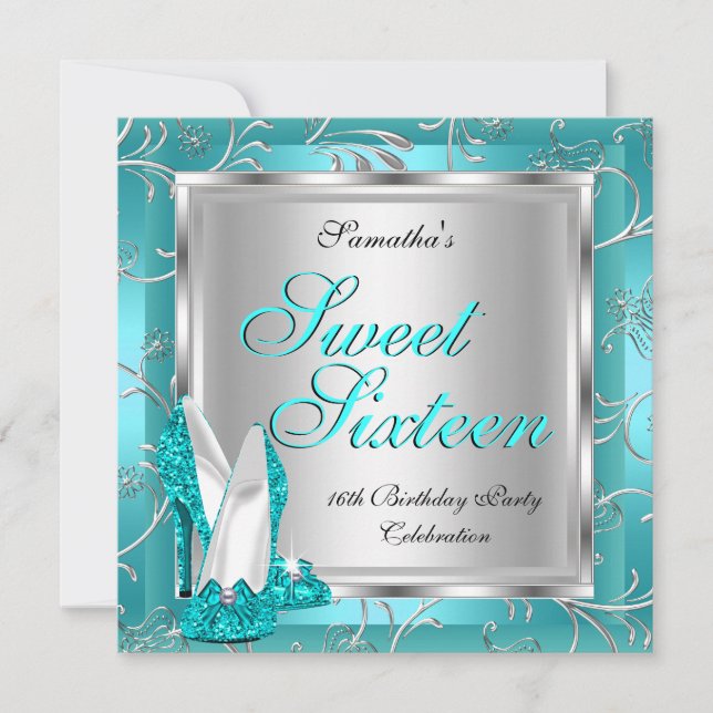 Invitation Sweet sixteen Sweet 16 Turquoise bleu argent blanc (Devant)
