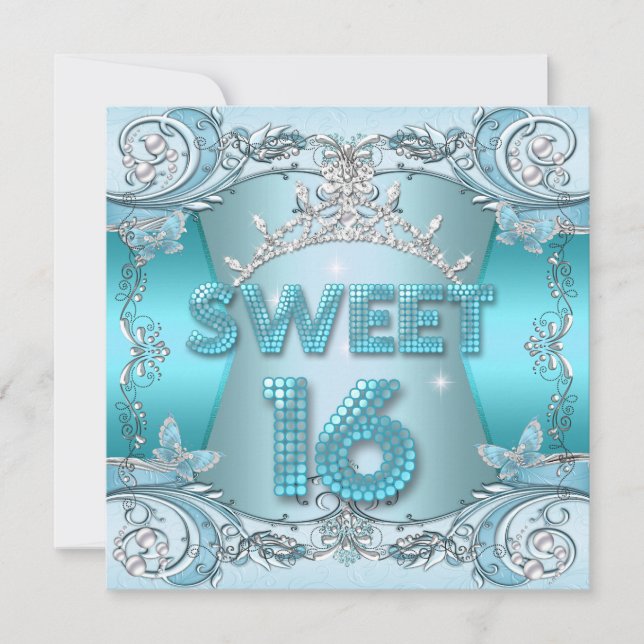 Invitation Sweet sixteen Sweet 16 Turquoise Blue Silver Tiara (Devant)