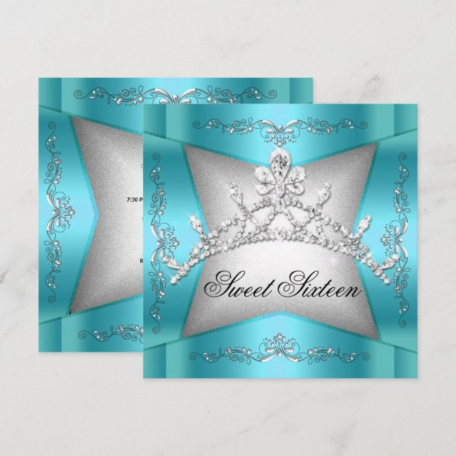 Invitation Sweet sixteen Sweet 16 Turquoise Blue Silver Tiara (Devant / Derrière)