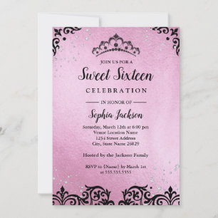 Invitation Sweet sixteen Tiara Damask rose Sparkle