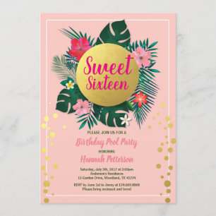 Invitation sweet sixteen tropical 16 piscines rose et or