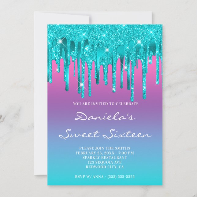 Invitation Sweet sixteen Turquoise de  de séchage rose violet (Devant)