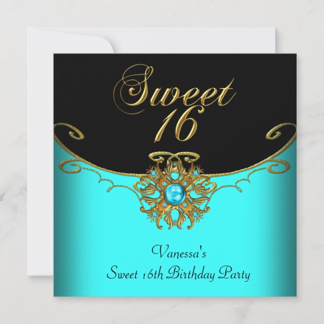 Invitation Sweet sixteen Turquoise Gold Black Sweet 16 (Devant)