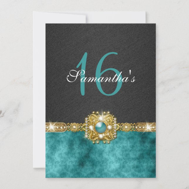 Invitation "sweet sixteen" turquoise noir 16 ans (Devant)