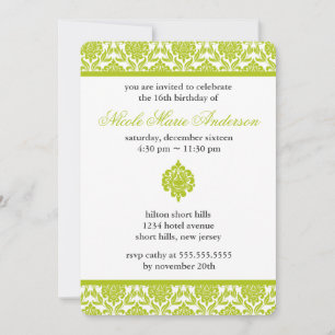 Invitation Sweet sixteen vert Damask