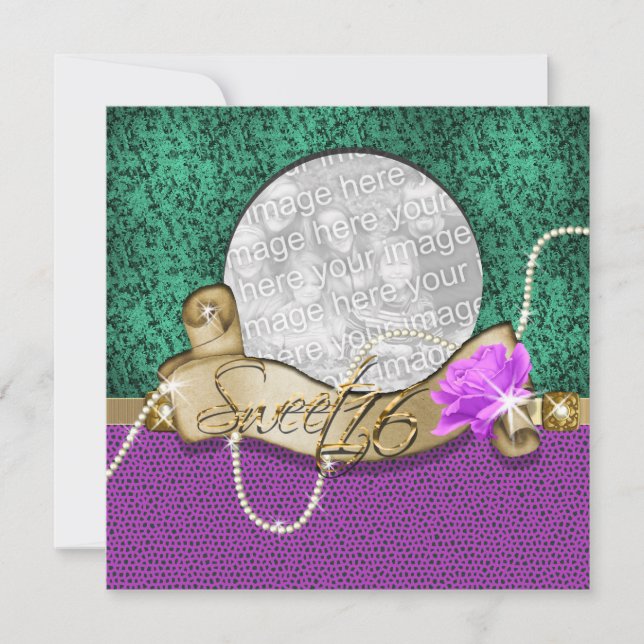 Invitation "sweet sixteen" vert pourpre à 16 ans (Devant)