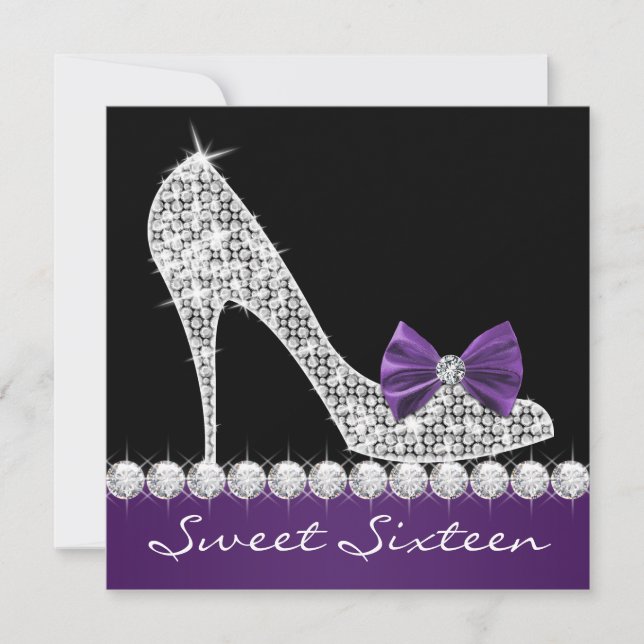 Invitation Sweet sixteen violet à talons hauts fête d'anniver (Devant)