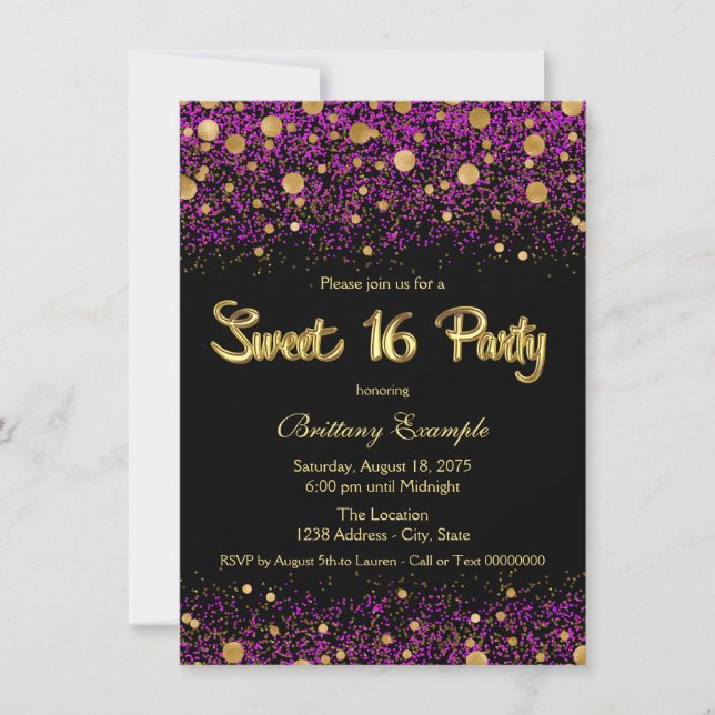 Invitation Sweet sixteen violet et or (Devant)