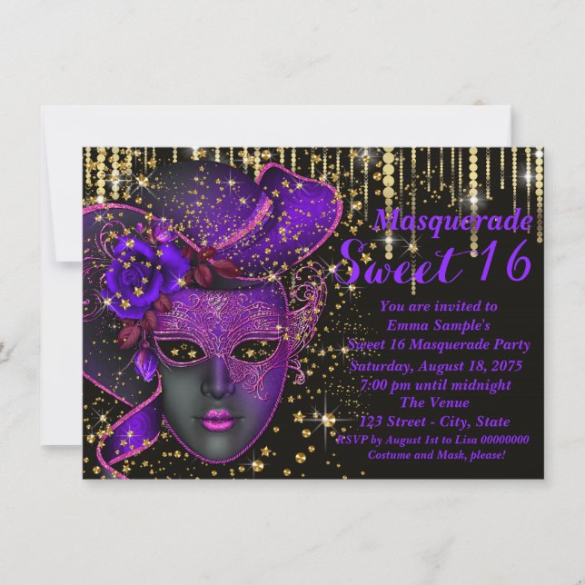 Invitation Sweet sixteen violet et or masquerade (Devant)