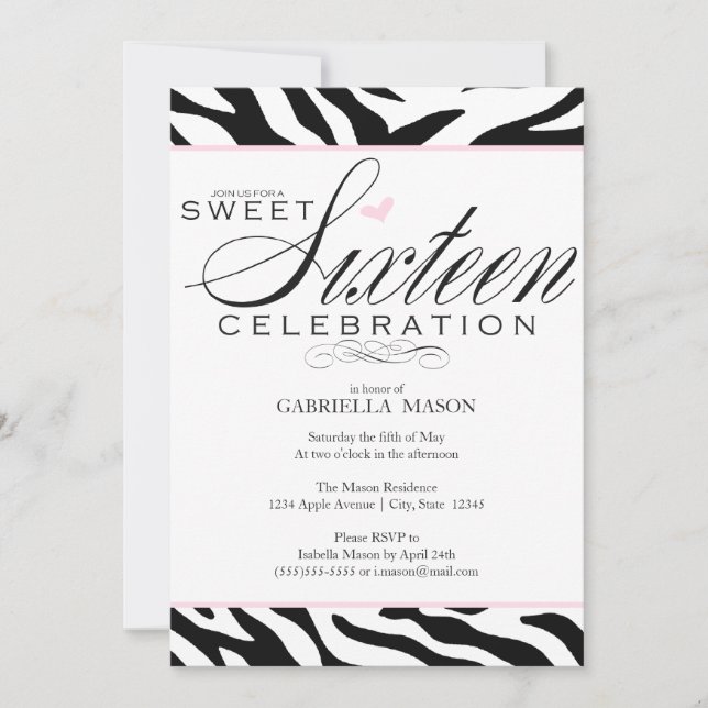 Invitation Sweet sixteen Zebra (Devant)