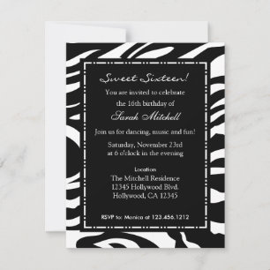 Invitation Sweet sixteen Zèbre noir et blanc élégant