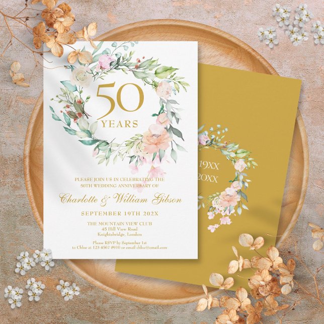 Invitation Sweet Summer Roses Garland 50e anniversaire (Sweet Summer Roses Garland 50th Anniversary Invitation)