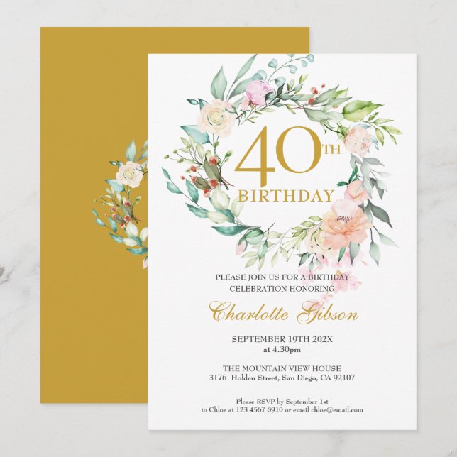 Invitation Sweet Summer Roses Garland Monogramme 40e annivers (Devant / Derrière)