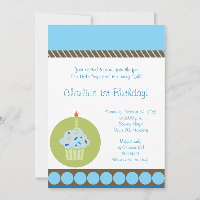 Invitation Sweet Treat Blue First 1st Cupcake Anniversaire (Devant)