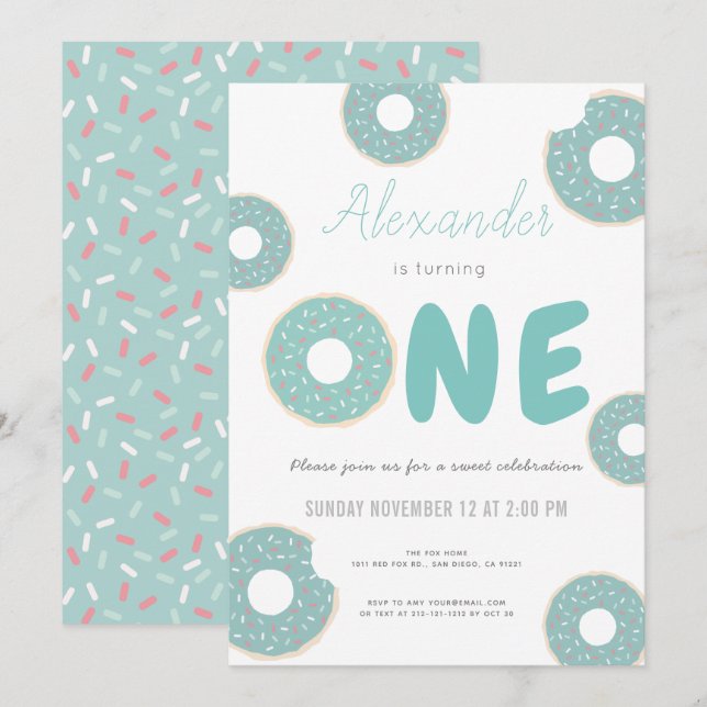 Invitation Sweet Turquoise Bleu Donut Garçon 1er anniversaire (Devant / Derrière)