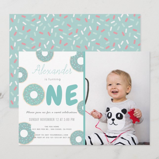 Invitation Sweet Turquoise Blue Donut Boy Photo 1er anniversa (Devant / Derrière)