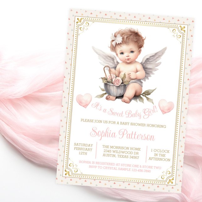 Invitation Sweet Valentine Cherub Baby shower (Sweet baby shower invitation with adorable baby girl cherub on a pretty heart background.)